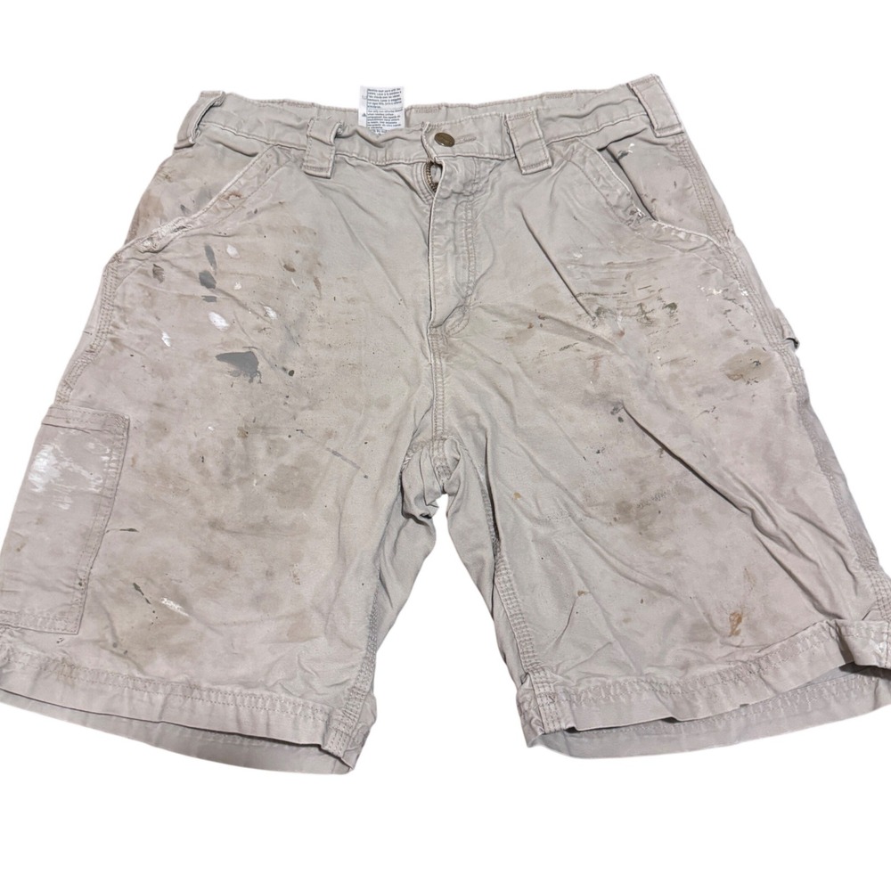 Carhartt B147 TAN Mens Carpenter Shorts Tan Canvas Distressed Paint Thrashed 32‎